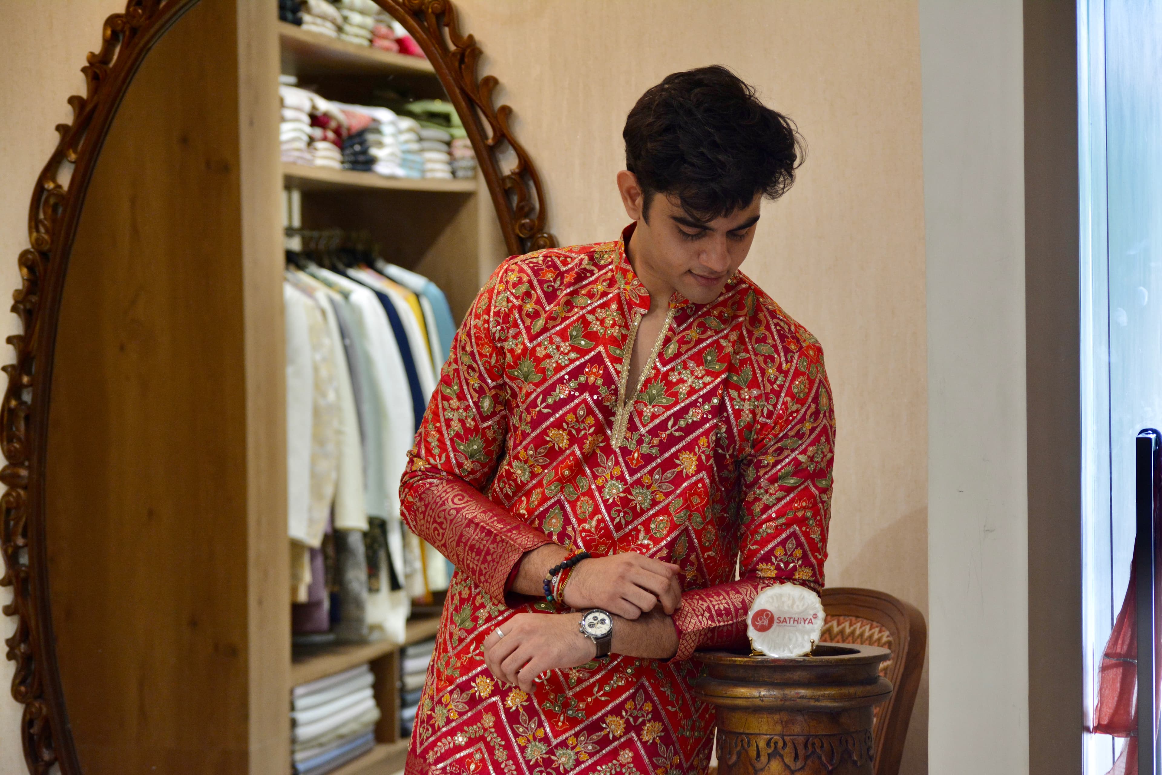 Samir Gajjar in red embroidered kurta, Shree Sathiya Fashion