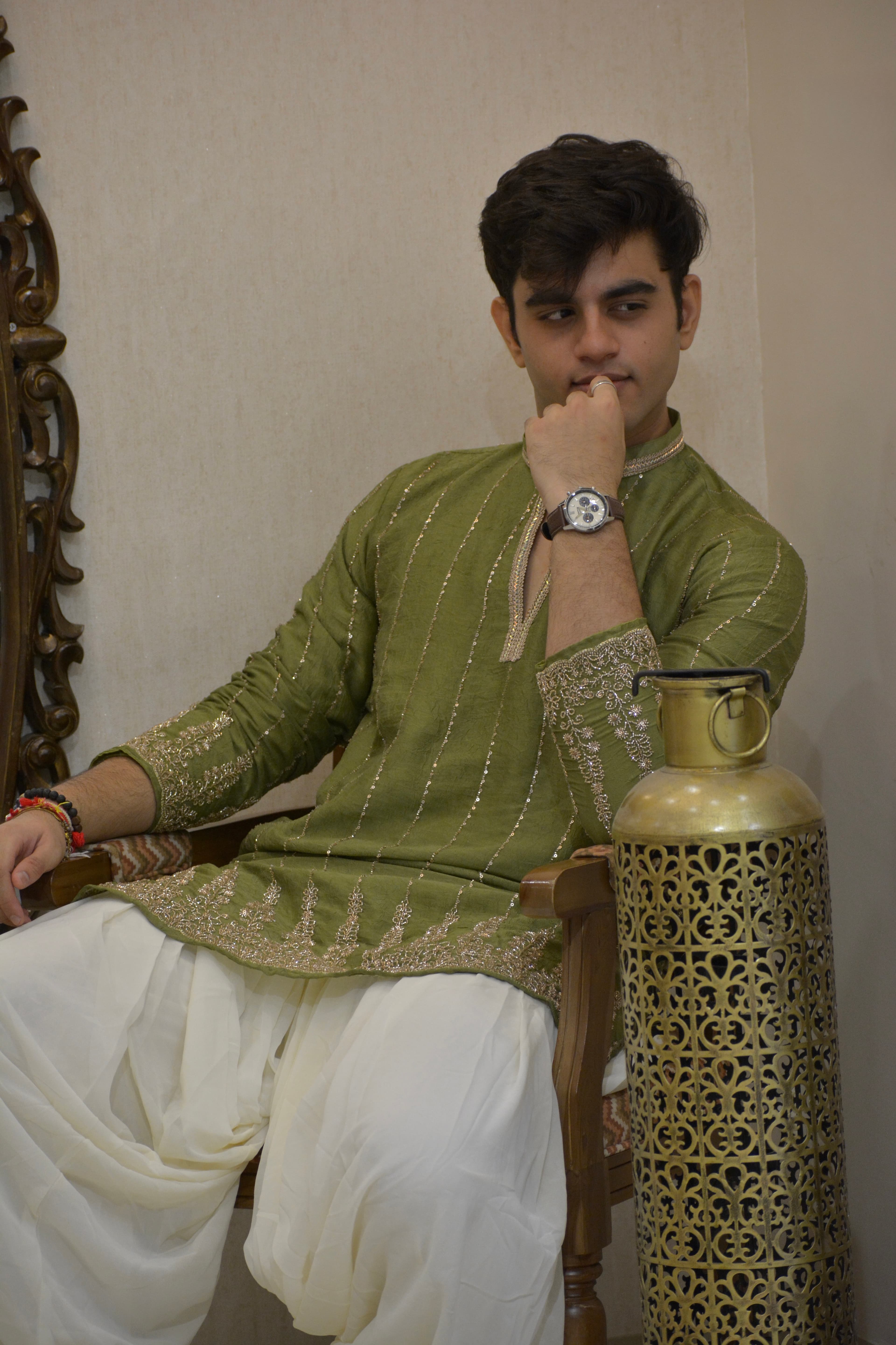 Samir Gajjar, model and actor, portrait in green embroidered kurta